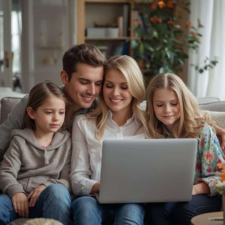 Laimīga ģimene kopā pie klēpjdatora tiešsaistes valodu nodarbībā Tālmācības Valodu skolā